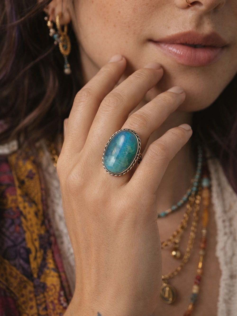 Sterling 925 Blue Oval Stone Statement Ring - Women Jewelry Sz 9 -10